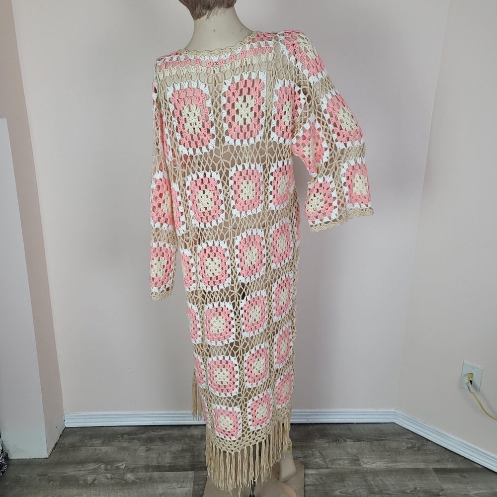 POL Kauai Crochet Long Tie Cardigan In Blush Beige Size Medium Granny Squares - Picture 12 of 14